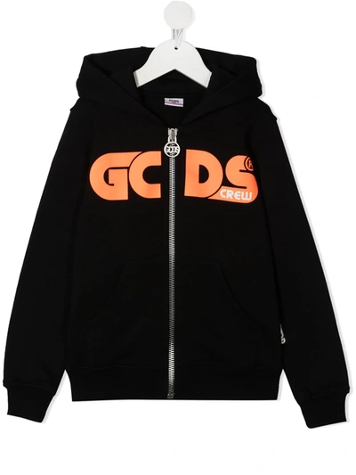 Gcds Teen Logo Print Zipped Hoodie In Black