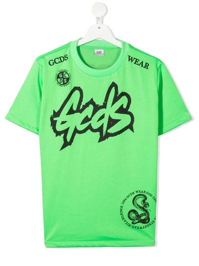 Gcds Kids' Logo Print Cotton T-shirt In Green