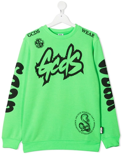 Gcds Teen Logo Print Crewneck Sweatshirt In Green