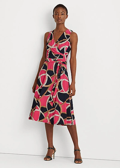 Lauren Petite Print Tie-waist Jersey Dress In Navy/aruba Pink/multi