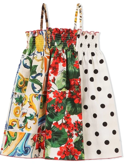 Dolce & Gabbana Kids' Girl's Mixed-print Smocked Sleeveless Dress In Cream