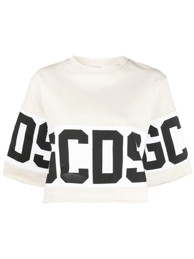 Gcds Logo-band Cotton Cropped T-shirt In White