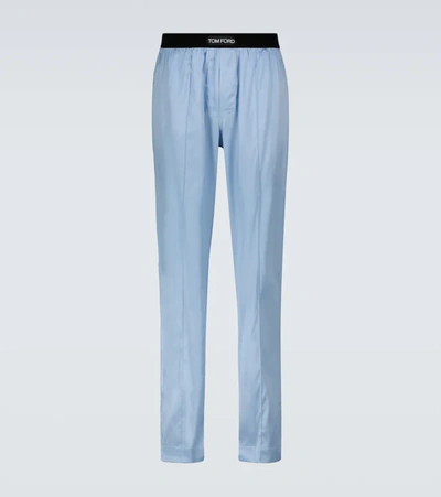 Tom Ford Velvet-trimmed Stretch-silk Satin Pyjama Trousers In Pale Blue