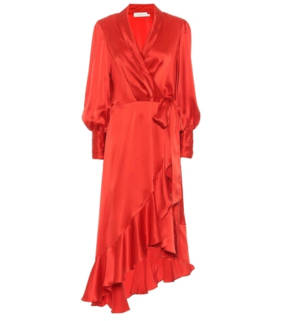 Zimmermann Red Ruffle-trimmed Silk-satin Wrap Dress