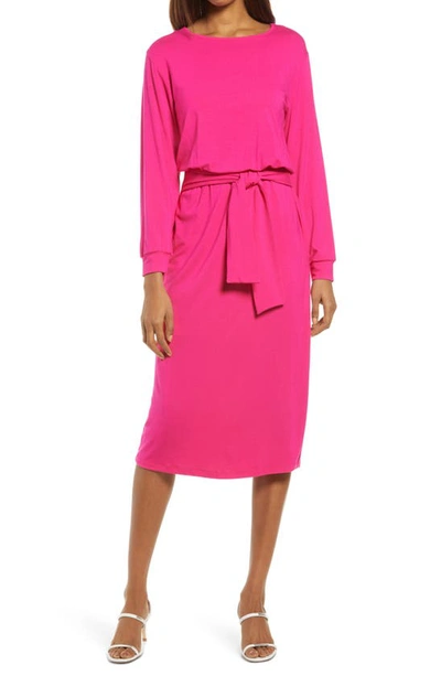 Fraiche By J Tie Waist Long Sleeve Midi Dress In Pink