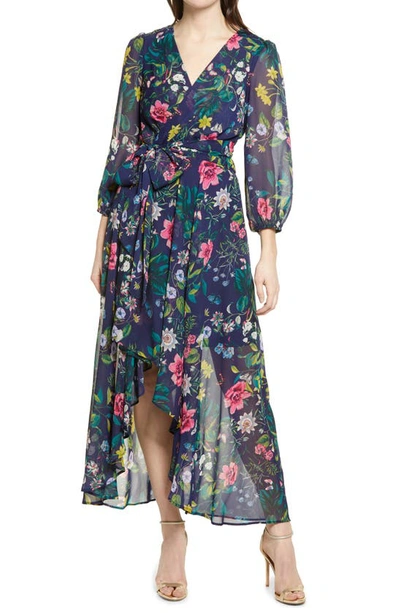 Eliza J Floral Long Sleeve Faux Wrap Dress In Navy