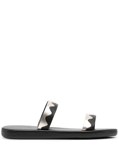 Ancient Greek Sandals Women's Paralia Color Blocked Scalloped Strap Slide Sandals In Black Platinum