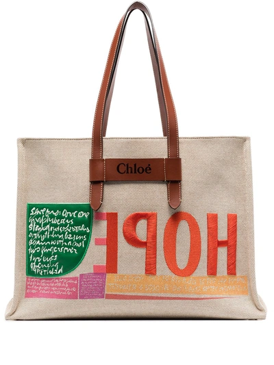 Chloé + Corita Kent Large Leather-trimmed Printed Canvas Tote In Multi