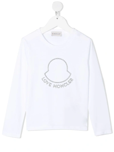 Moncler Kids' Long-sleeve Embroidered Logo T-shirt In White
