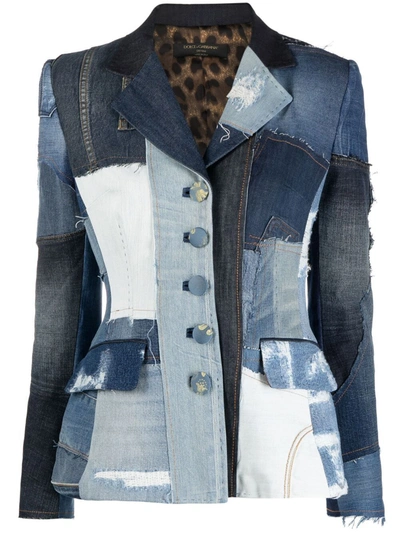 Dolce & Gabbana Dolce Single-breasted Jacket In Patchwork Denim In Blue,light Blue