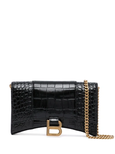 Balenciaga Hourglass Crocodile-effect Chain Wallet In 1000 Black