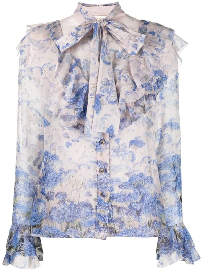 Zimmermann Luminous Ruffled Floral-print Cotton And Silk-blend Blouse In Blue,pink,purple