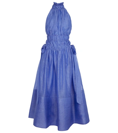 Zimmermann Luminous Gathered Linen And Silk-blend Halterneck Maxi Dress In Cornflower