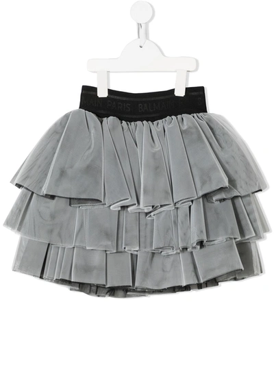 Balmain Kids' Tulle Flounced Skirt In Black And Grey
