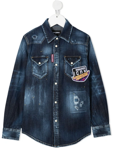 Dsquared2 Teen Distressed Logo Denim Shirt In Blue