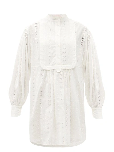 See By Chloé Floral-print Broderie Anglaise Cotton-voile Mini Shirt Dress In Ecru