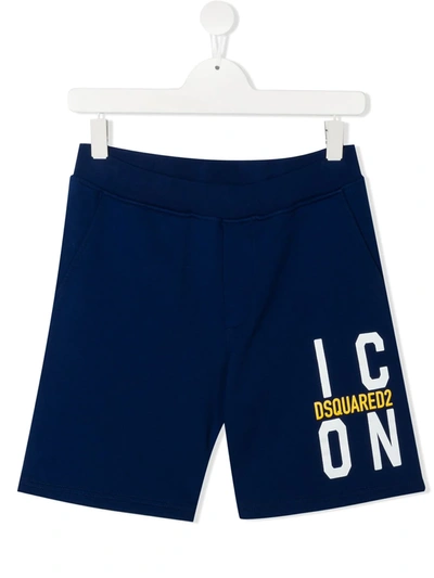 Dsquared2 Kids' Icon Print Cotton Sweat Shorts In Blue