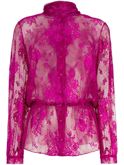 Balenciaga Lavalliere Pussy-bow Stretch-lace Blouse In Pink&purple