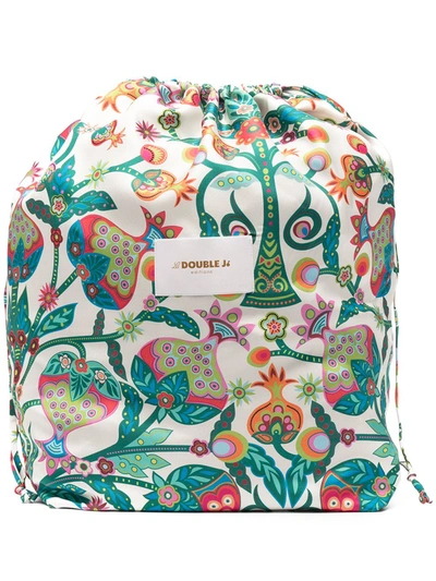 La Doublej Sack Tree Of Life-print Silk-twill Drawstring Bag In Tree Of Life Bianco