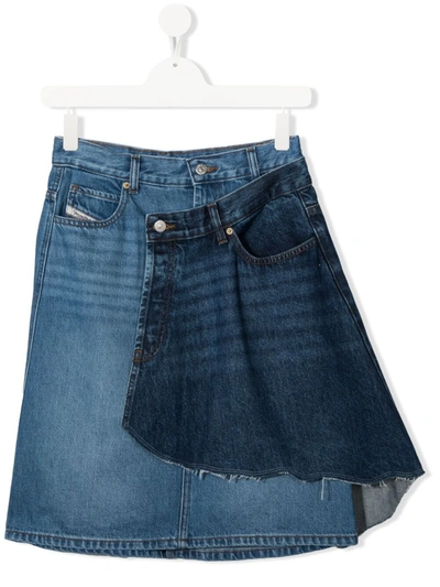 Diesel Kids' Ripped Panel Overlay Denim Skirt In Blue