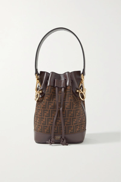 Fendi Mon Trésor Mini Leather-trimmed Printed Suede Bucket Bag In Brown