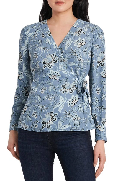 Vince Camuto Vince Camtuo Antique Floral Side Tie Long Sleeve Blouse In Bluestone