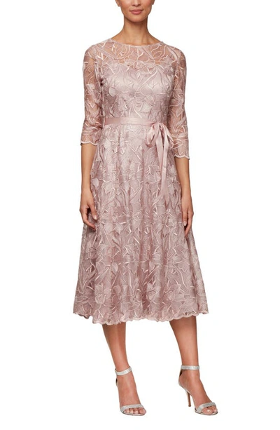 Alex Evenings Belted Floral Embroidered Midi Dress In Rose