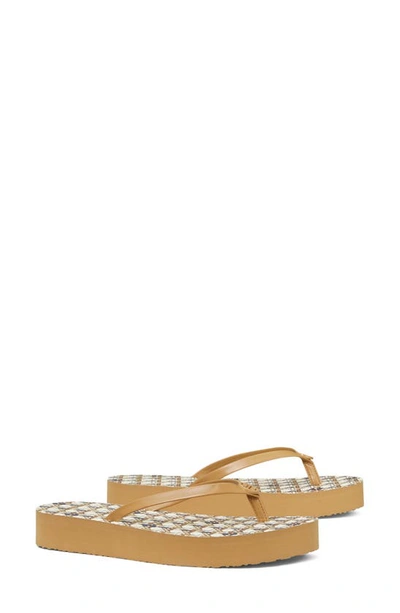 Tory Burch Flatform Flip Flop In Tan Caning Logo Geo