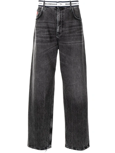 Balenciaga Logo-waistband Straight-leg Jeans In Noir/iceberg