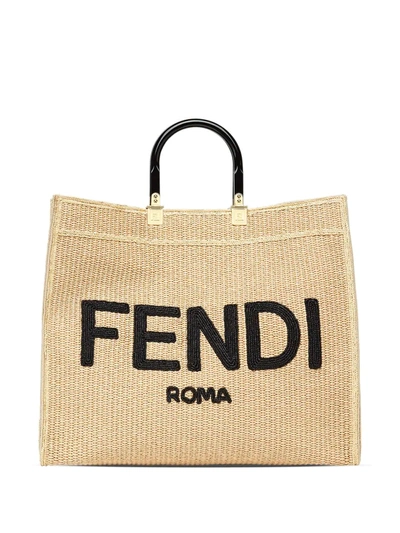 Fendi Sunshine Logo-embroidered Woven Tote Bag In Beige