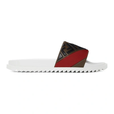 Fendi Diagonal Logo Pool Slides In Brown,white,red