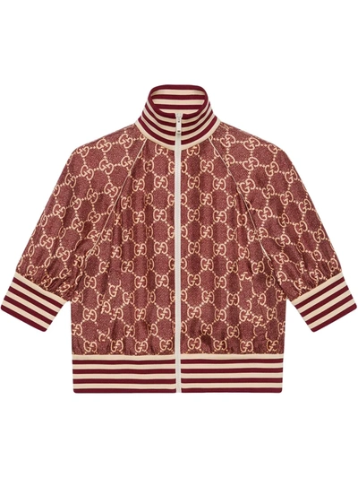 Gucci Burgundy Silk Gg Supreme Short Sleeve Track Jacket In Red
