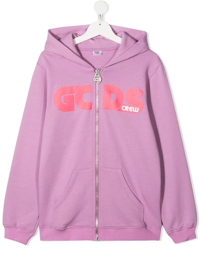 Gcds Teen Cotton Zip-front Hoodie In Purple