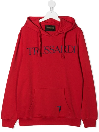 Trussardi Junior Kids' Embroidered-logo Cotton Hoodie In Red