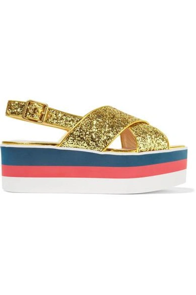 Gucci Glittered Leather Platform Sandals In Gold
