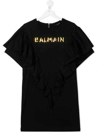 Balmain Teen Logo Print Cotton T-shirt In Black