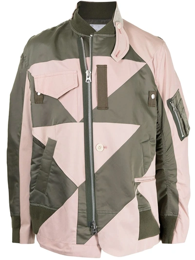 Sacai Mixed Geometric Patchwork Bomber Jacket In Green