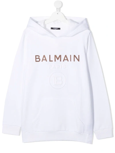 Balmain Teen Embossed Logo Hoodie In White