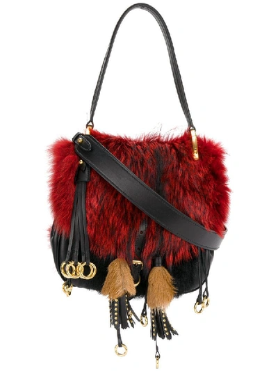 Prada Corsaire Fox Fur & Leather Bag In Rosso+nero|nero