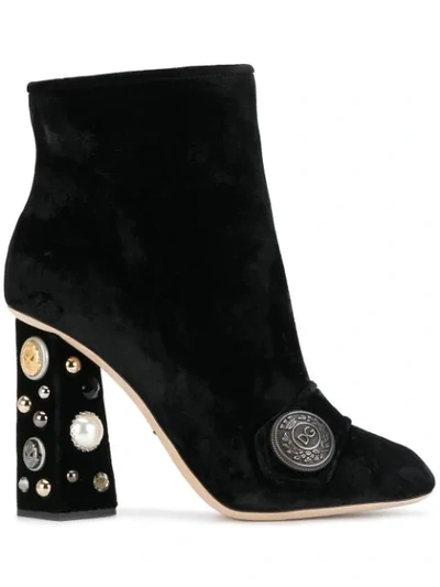 Dolce & Gabbana Embellished-heel Velvet Ankle Boots In Black