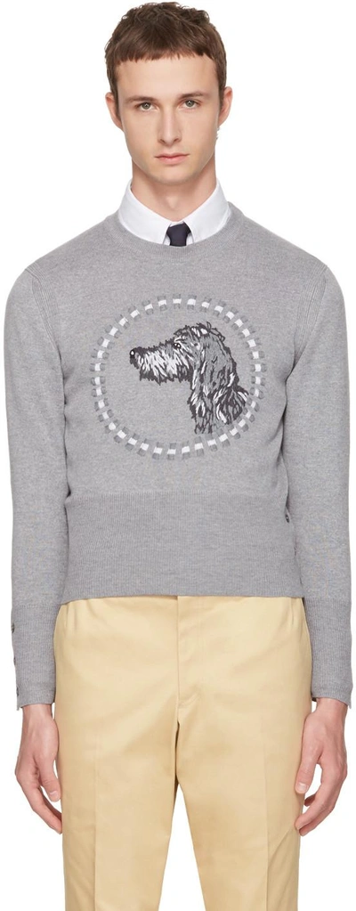 Thom Browne Crewneck Pullover With Hector Embroidery In Fine Merino In Grey