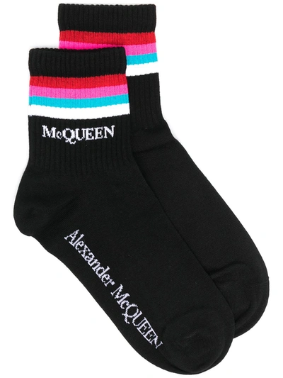 Alexander Mcqueen Stripe-trim Logo Socks In Black