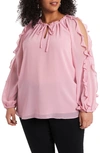 1.state 1. State Ruffle Cold-shoulder Georgette Top In Rose Pink