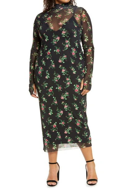 Afrm Shailene Sheer Long Sleeve Dress In Noir Fleur