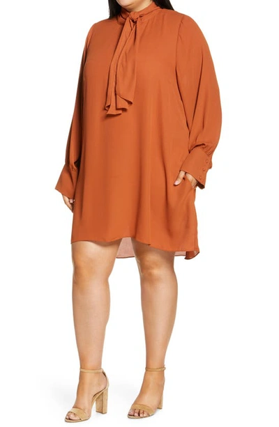 City Chic Bow Neck Dress In Caramel