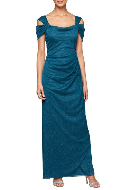 Alex Evenings Cold Shoulder Ruffle Glitter Gown In Peacock