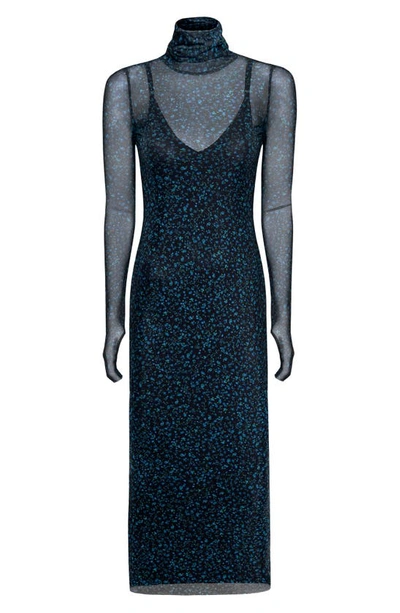 Afrm Shailene Sheer Long Sleeve Dress In Blue Daisy Ditsy