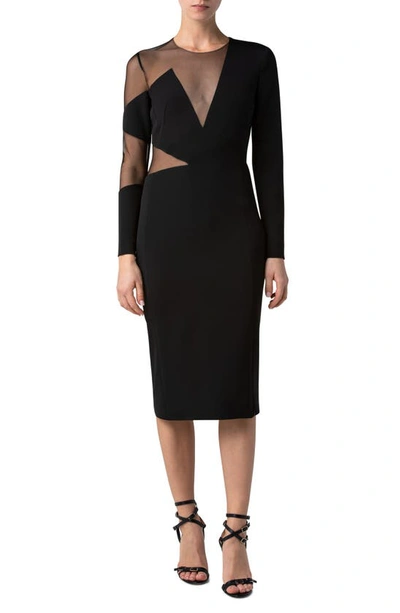 Akris Kinderstern Tulle Inset Long Sleeve Silk Crepe Dress In Black