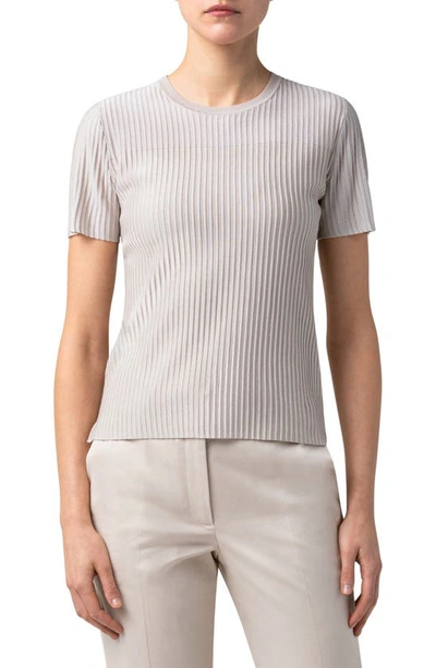 Akris Transparent Stripe Short Sleeve Silk Sweater In Greige