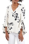 Vince Camuto Petite Flutter Sleeve Floral Whisps V- Neck Tunic In White